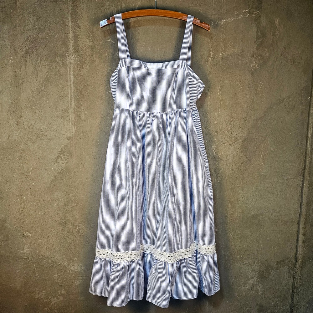 Babydoll Striped Overall Midi Dress‎ Jumper Blue White Ruffles Nautical Prairie